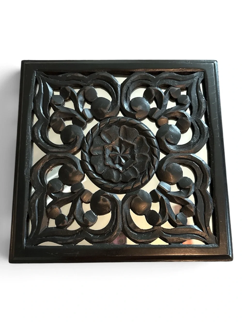 New! ornate square carved wooden wall plaque with a mirrored backing